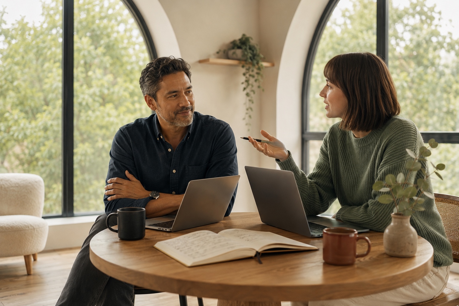 Two professionals in a warm, plant-filled space discussing their business strategy