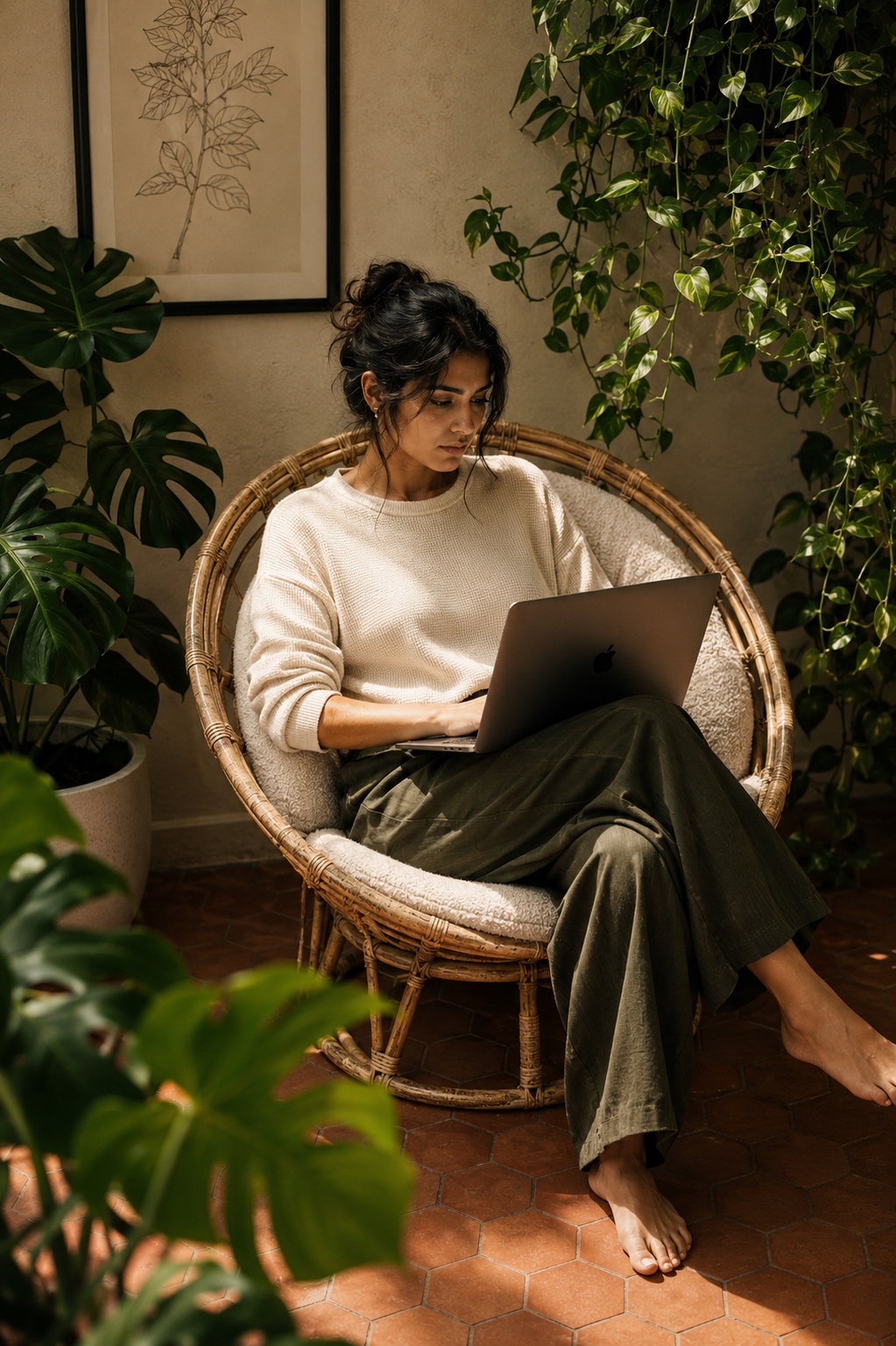 Professional working independently in a warm, plant-filled space