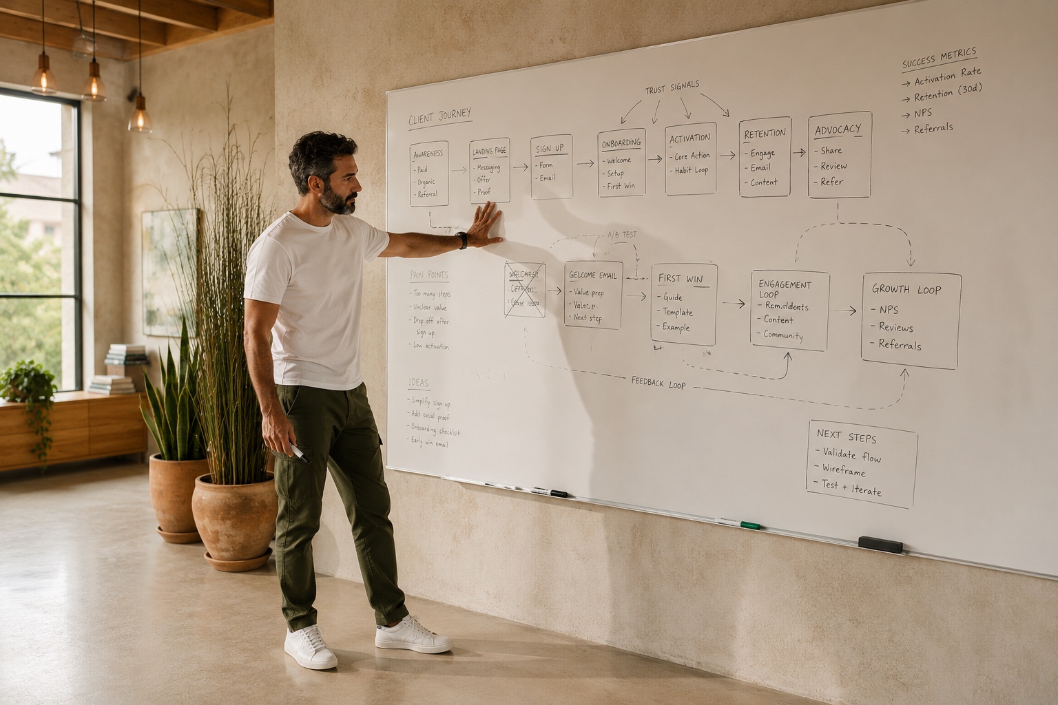 Business leader mapping out their operating process on a whiteboard