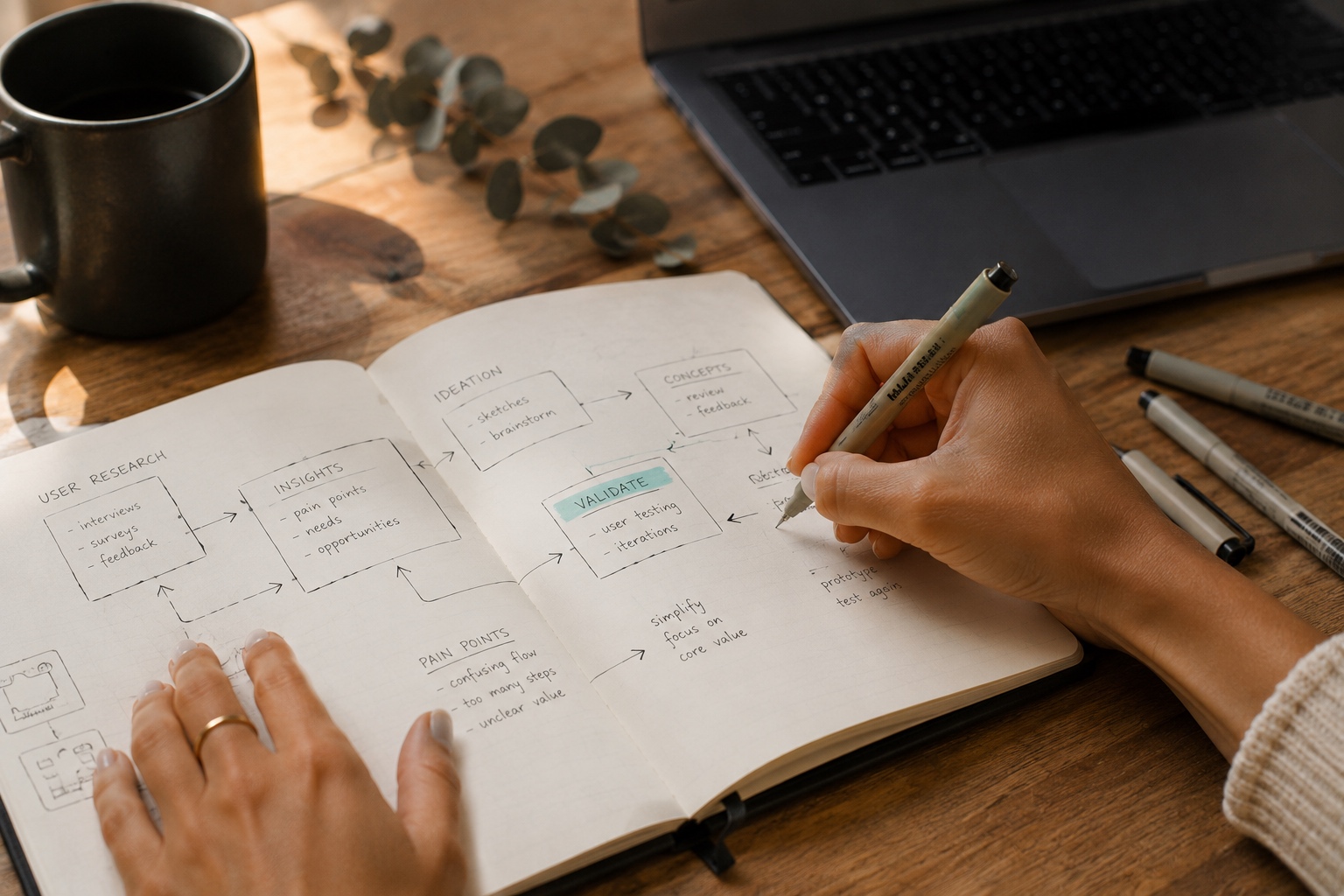 Hands sketching a detailed process and system map in a notebook