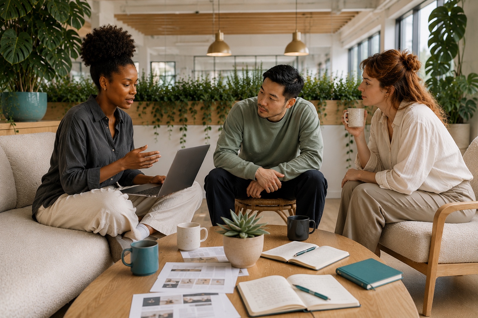 Diverse team in a relaxed plant-filled lounge collaborating around a laptop