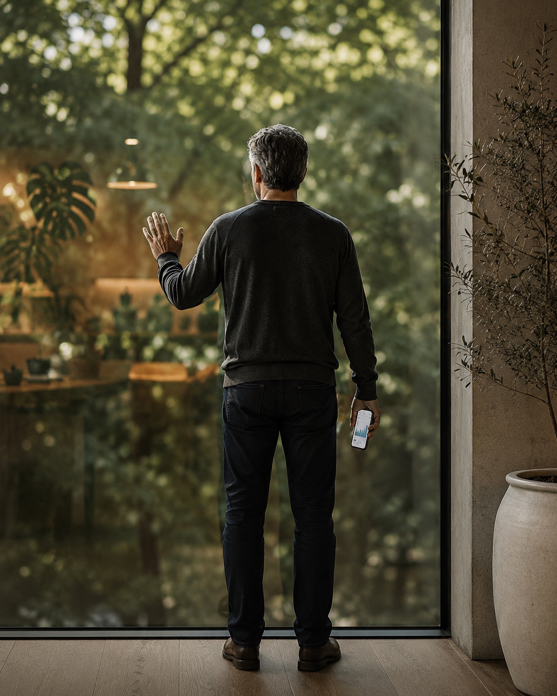 Business owner standing at a floor-to-ceiling window, reviewing their Zyntra platform on a phone