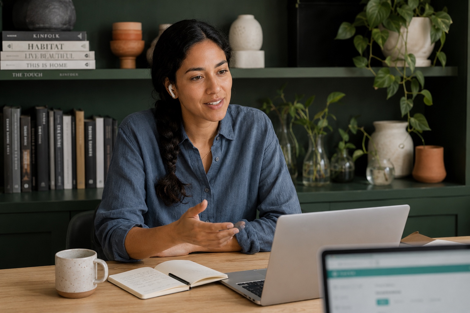 Professional on a discovery call with Zyntra, laptop open in a warm plant-filled home office