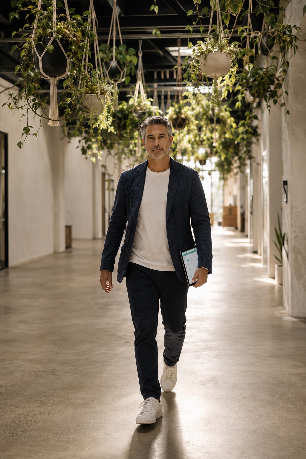 Business operator walking confidently through a plant-filled corridor with the Zyntra platform on a tablet